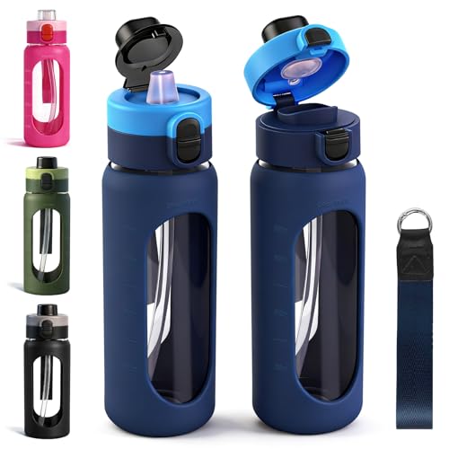 Bouteille d'eau 24OZ verre borosilicate avec manchon silicone, pailles et marqueurs de temps