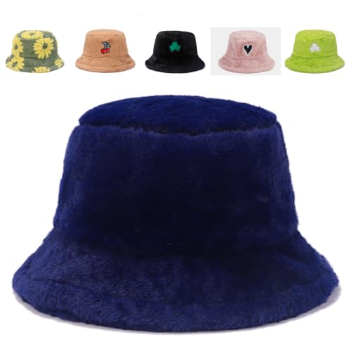 Image of Bucket Hat Women Furry Fuzzy Bucket Hats for Ladies, Winter Warm Fluffy Plush Faux Fur Hat for Women