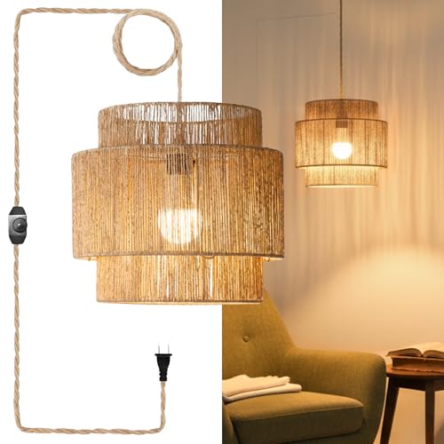 Chi An Home 11.8' Boho Jute Plug in Pendant Light, Handwoven Natural Hanging Lamp Plug in with...