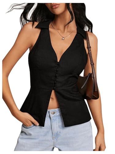 SHENHE Women's V Neck Button Down Sleeveless Blouse Slit Collared Shirt Elegant Vest Top