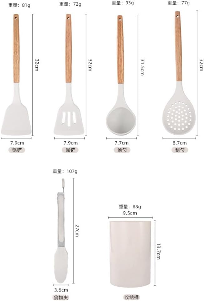 White Silicone Wooden Handle Kitchenware Set Heat Resistant Spatula Spoon Non-Slip Food Holder