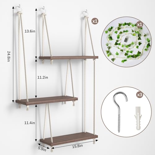 Rustic Boho Hanging Shelves with Vine Lights – Wall Decor Accent - Image 3