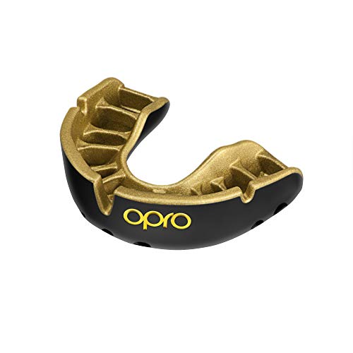 OPRO Mouthguard Custom-Fit Gold Level Gum Shield for Ball, Combat and Stick Sports - 18 Month Dental Warranty (Adult and Kids Sizes) (Black/Gold, Adult)