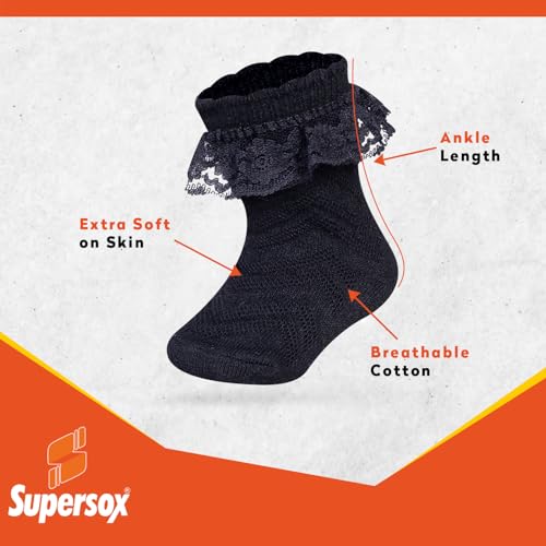 Image of Supersox Frill Ankle Length Socks for Babies | Durable & Breathable Combed Cotton | Extra Soft, Anti-Odor & Moisture Absorbent | Pack of 3