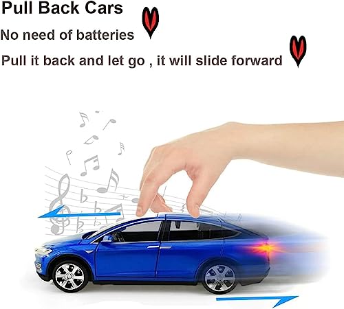 Image of 1:32 Tesla Model X Toy Car with Pull-Back Action Lights, Sound and openable Doors.Durable diecast Model for Kids Aged 3-12 offering Hours of Fun and Realistic Play (Blue)