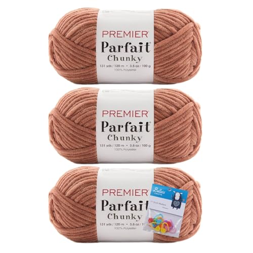 Premier Parfait Chunky Chenille Yarn 3 Pk Bundle with Bella's Crafts Markers (Acorn)