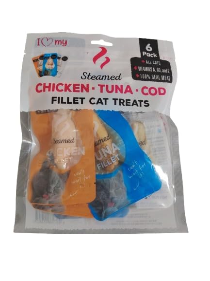 Steamed Fillets for Cats (Pack of 6 x 20g) Tuna Loin, Chicken & Cod 100% Natural Steamed Cat Treats, Wet Cat Food, High Protein Food Topper