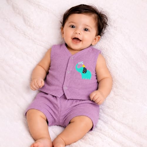 Image of Organic Crinckled Cotton Muslin Front Open Jabla | Chest Print Jhabla | for Newborn & Infants | All Season wear Jabala Baby Products | Sleeveless Vest | Assorted Pack of 3| Size -3-6 Months