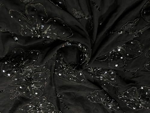 Georgette de soie noire broderie florale paillettes coupon tissu couture robe