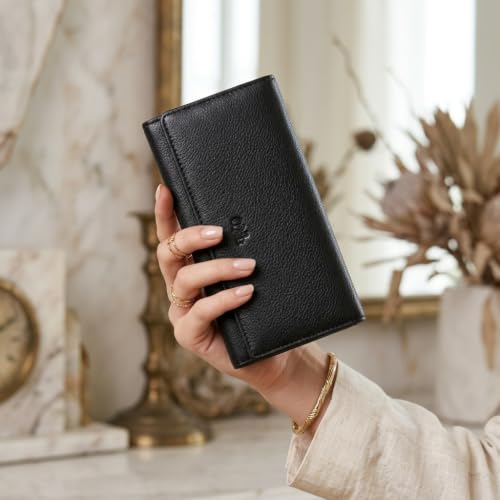 Image of Women's Top Grain Leather Wallet, RFID Blocking Bifold clutch, 17 Card Slots, Zip Pocket Organizer, Elegant Gift for Women - Birthday, Valentine, Anniversary - SILKY BLACK