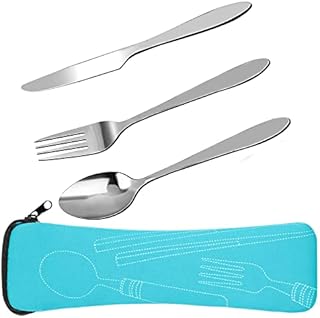NASHRIO Cutlery Set with Neoprene Bag, 3 Pieces Stainless Steel Flatware Camping Utensil Set Travel Camping Flatware Dinnerware Tableware Kit with Storage Lunch Box for Picnic Office School