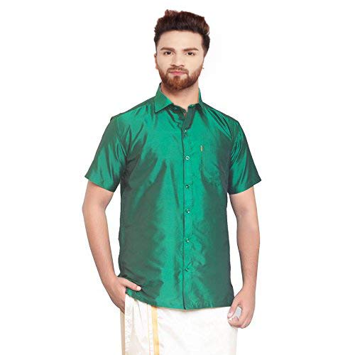 Image of SJS-Men's Half Sleeve Solid Art Silk Shirt