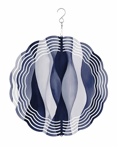 Abstract Wind Spinners, Dark Blue Gradient Ripple Hanging Wind Spinners for Yard and Garden 3D Stainless Steel Metal Sculptures Crafts Ornaments 10 Inch