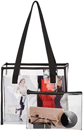 MAY TREE Clear Tote Bag, Clear Bag Stadium Approved + Clear Purse, Great for Sports Games, Work, Security Travel, Stadium Venues or Concert (Black)