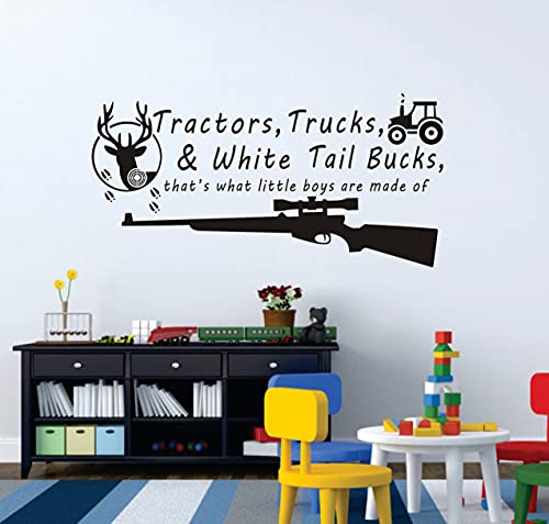 Image of Children Wall Decal Tractors Trucks and White Tail Bucks Wall Stickers Deer Tracks Little Boys Hunting Wall Decor Nursery Wall Art Removable Vinyl Wall Decals for Baby Kids Bedroom DDK46 (Black)