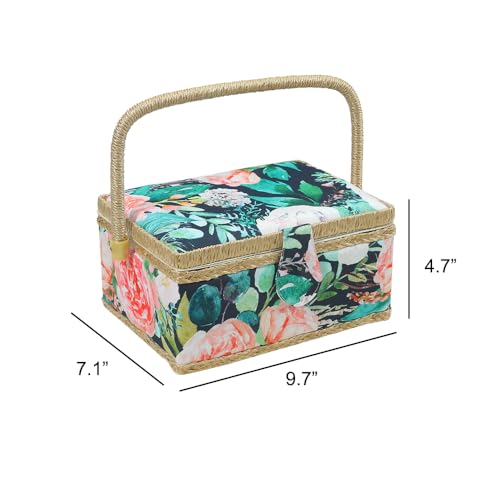 Sewing Box for Sewing Supplies, Sewing Basket with Kits, Sewing Organizer for Beginners, Adults, Girls, Green Flower, Medium - Thumbnail 4