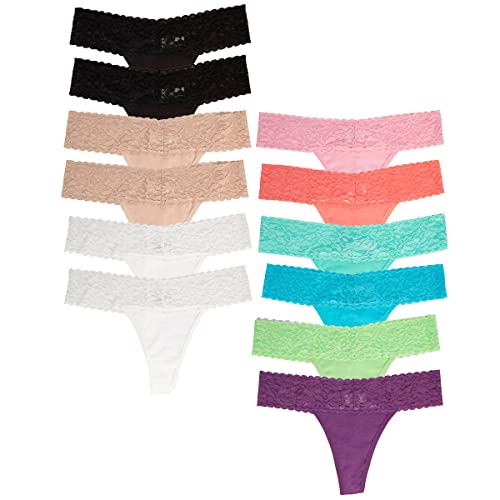 Jo & Bette Cotton Thong for Women - 12 Pack Lace Thongs - Thong Underwear Women Panties Set No Show Soft Sexy Lace Trim