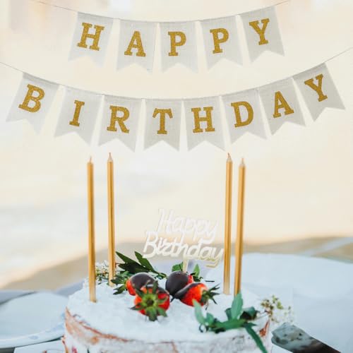 Happy Birthday Banner, Pre-Strung Burlap Happy Birthday Sign Garland, White and Gold Birthday Decorations for Girl Men Women — view 5