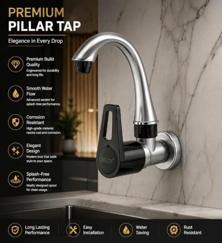 Image of MONIT Sink Cock Tap for Kitchen & Bathroom - Big Neck Faucet for Wash Basins with Teflon Tape, Metallic Grey - Black Dual with teflone taps