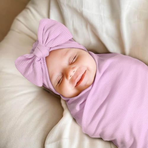 Image of DRESHOW BQUBO Baby Girl Newborn Receiving Blankets with Bow Hat Headband Wooden Birth Announcement Card Set Newborn Baby Swaddle Wrap Set Warm Shower Gift