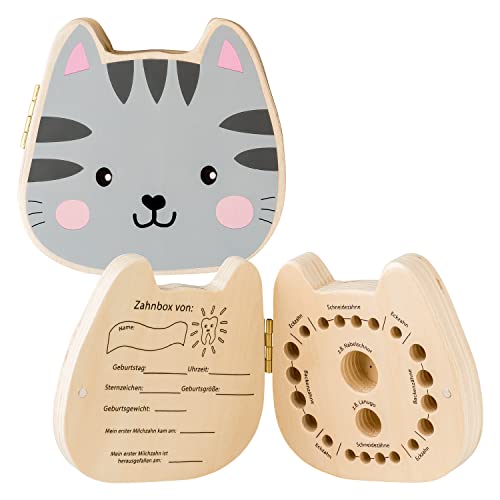 hej kiddo Zahndose Milchzähne | Zahnbox für Milchzähne | Milchzahndose Jungen & Mädchen für erstes Zähnchen | Zahnfee Geschenke Jungen | Milk Tooth Box (Katze)