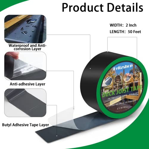 Image of Butyl Joist Deck Tape, 2 inch X 50' Deck Joist Tape Waterproof Flashing Tape, Weather Resistance Self-Adhesive Joist Tape Decking for Deck Joist Beams Protection(12 Rolls)