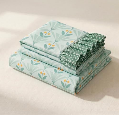 Image of BSB HOME Frill Bedsheet Set with 2 Pillow Covers - Ultra Soft Breathable Cotton Feel Fabric, Lightweight Skin-Friendly Double Bed Sheet for All Season Comfort - 228 x 254 cm (Sage Mist)