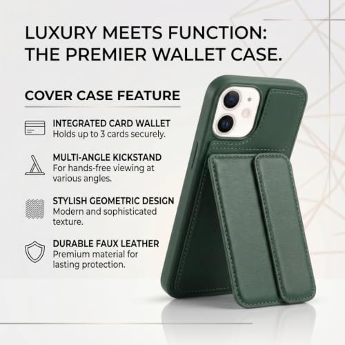Image of amazon basics Luxury Vegan Leather Back Cover for iPhone 13 | Built-in Card Holder Slot | Integrated Mobile Stand | Slim Shockproof Protective Case with Stitched Finish - Green