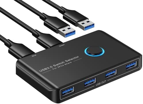 USB 3.0 Switch Selector for 2 Computers Sharing 4 USB Devices Peripheral Switcher Box KVM Hub for Mouse, Keyboard, Scanner, Printer; for Mac/Windows/Linux; 2 Pack USB Cables Included