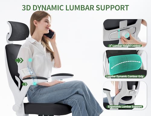 Ergonomic Office Chair - Computer Desk Chair with Adjustable Lumbar Support - 400lbs Executive Desk Chair High Back with Headrest Flip-Up Arms for Long Hours, Rolling Chair (White Black) - Image 6