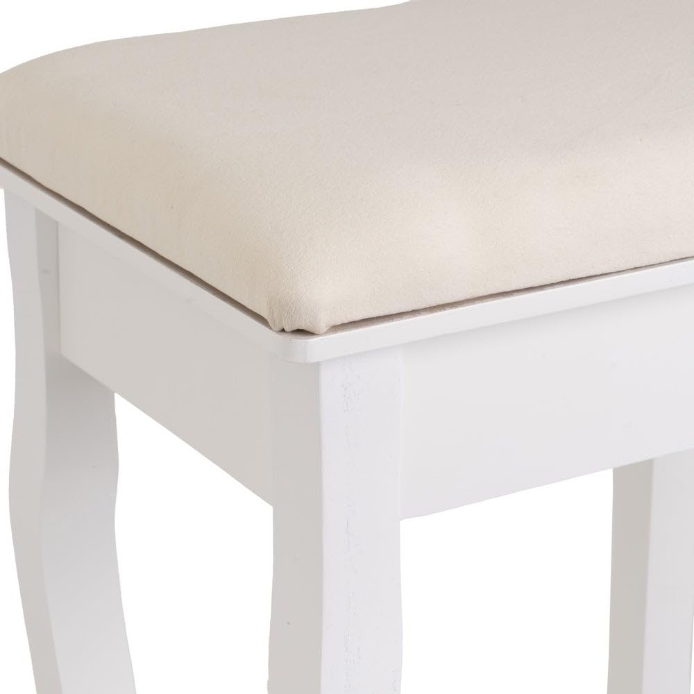 LOLAhome Banqueta de Tocador Blanca con Asiento Tapizado, Madera de Paulonia 50x30x39 cm, Estilo Clásico, Taburete para Dormitorio y Maquillaje