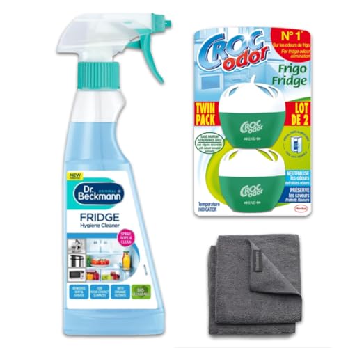 Fridge Deodoriser Freshener and Cleaning Kit 1 x Dr Beckman Fridge Cleaner 250ml 2 x 33g Croc Odor Deodoriser with 2 x Microfibre Cloths Food Safe Formular Neutralises Bad Odours