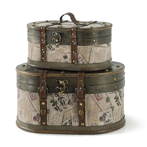 SLPR Alyssa Vintage Train Case - Set of 2, Antique Wooden Storage Boxes with Hinged Lids, Old Fashioned Decorative Wood Trunk, Memory Chest for Keepsakes and Home Décor