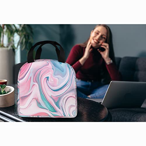 Zoczos Pink Blue Marble Texture Small Lunch Bag Colorful Fluid Paint Splash Abstract Colored Acrylic Artwork Insulated Lunch Box For Work Travel And Picnic #TOP5