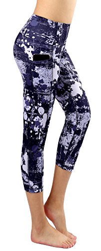 Neonysweets Women's Printed Capri Pants High Waist Tummy Control Workout Pants Leggings with Pocket S