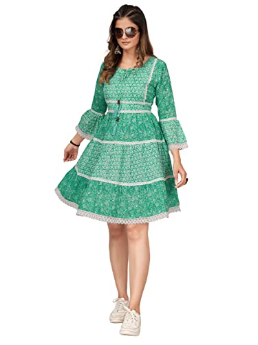 Image of Vbuyz Women's Cotton Print & Lace Work Flared Stitched Dress