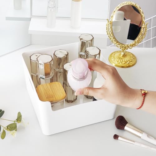 LYLIDIA 5 Stück Aufbewahrungsbox Küche Bad Körbe Kunststoff 30x21x15cm Niedrigeren Vorderseite Aufbewahrungsboxen Organisationsboxen mit Griffen Weiß Kisten Aufbewahrung Plastikbox Regal Schrank