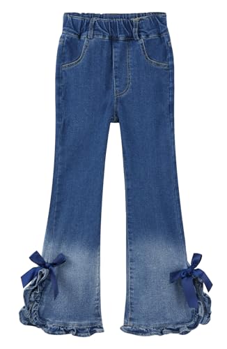 Girls Flare Jeans Elastic Waist Bowknot Denim Pants Fashion Bell Bottom Trousers Split Hem Long Jeans 5-13 Years
