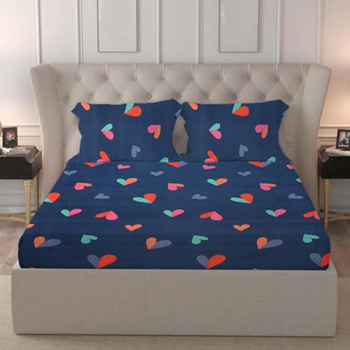 Image of LOOMLYFE 300 TC Cotton Feel Glace Cotton Elastic Fitted Printed Queen Size Double Bed Bedsheet with 2 Pillow Covers Fits Upto 8 inches,Size- 60x78x10 Inches, Blue Hearts