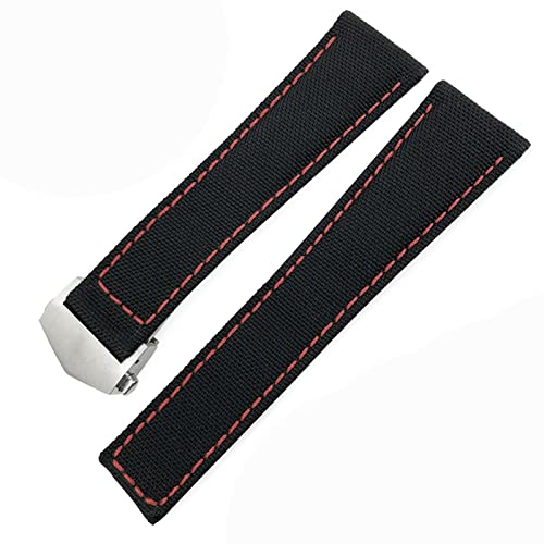 Bracelet de montre 22 mm en nylon et cuir noir et rouge avec boucle déployante