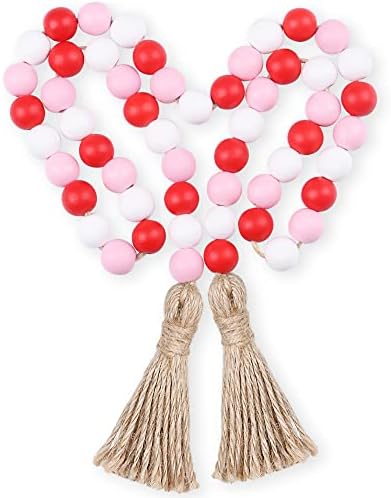 BlueMake Valentine's Day Wood Bead Garland with Tassel,Rustic Wooden Bead Decor Farmhouse Beads Big Wall Hanging Decor (Pink,39In)