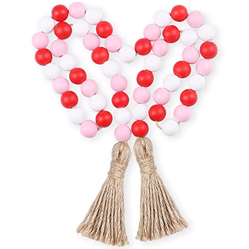 Bluemake Valentine's Day Wood Bead Garland With Tassel,Rustic Wooden Bead Decor Farmhouse Beads Big Wall Hanging Decor (Pink,39In) #TOP1