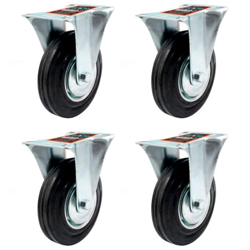 Tradineur - Pack de 4 ruedas fijas para muebles, goma y hierro, incluyen placa de montaje, rueda de transporte para cargas pesadas, industrial, peso máx. 70 kg, Ø 125 mm