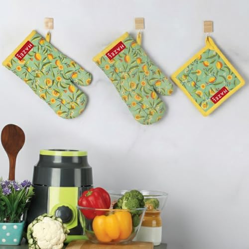 Image of HAZEL Cotton Oven Glove (1 Pair) and Pot Holder Set for Kitchen | Durable and Safe Cooking and Baking