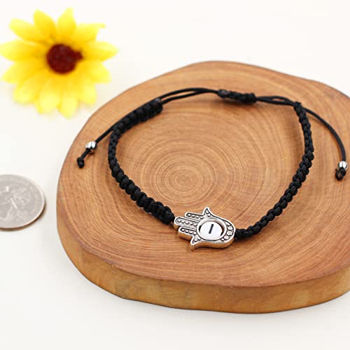 Image of Uloveido Customized A to Z 26 Letters Hand of Fatima Bracelet - Fatima Hamsa Hand Evil Eye Protection Bracelet Lucky Charm Adjustable Braided Black String