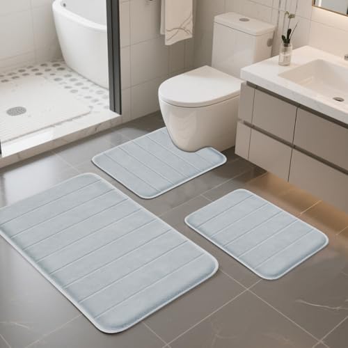 Ruioomeep Lot de 3 tapis de bain antidérapants et lavables avec mousse à mémoire de forme et tapis WC en forme de U (gris clair, 2 tapis de bain + tapis WC...