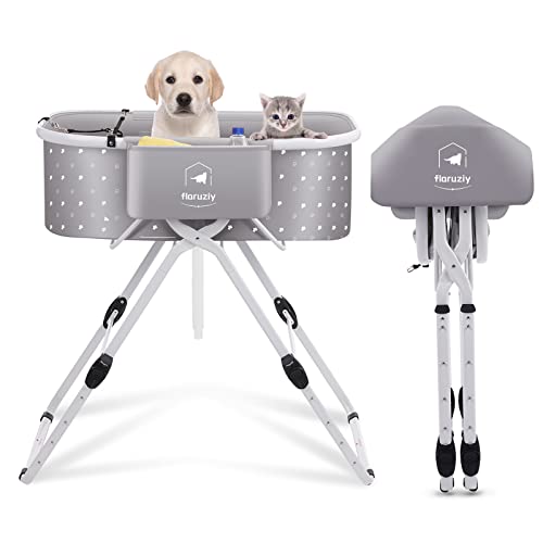 FLARUZIY Bañera elevada para mascotas, 5 alturas plegable, bañera de cuidado con desagüe, bañera portátil para perros pequeños y medianos y gatos máx. hasta 56 kg (gris)