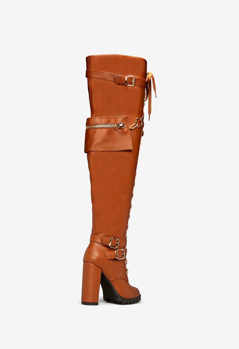 Yishaweiqi Buckle Strap Wide Calf Thigh High Boots for Women Chunky Block High Heel Over The Knee Boots Lace up Riding Combat Boots Ladies Side Zipper Tall Long Boots: 4 Brown