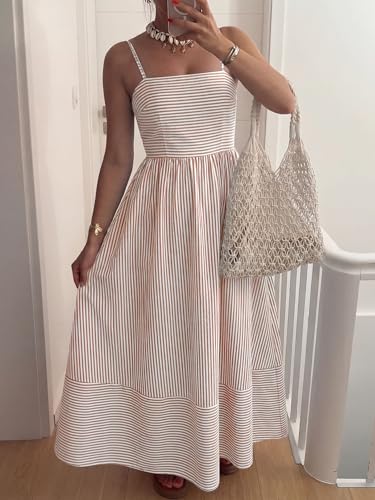 Image of Caracilia Womens Maxi Dresses Gingham Spaghetti Strap Back Smocked Flowy Long Sundress Summer Beach Vacation Clothes 2026