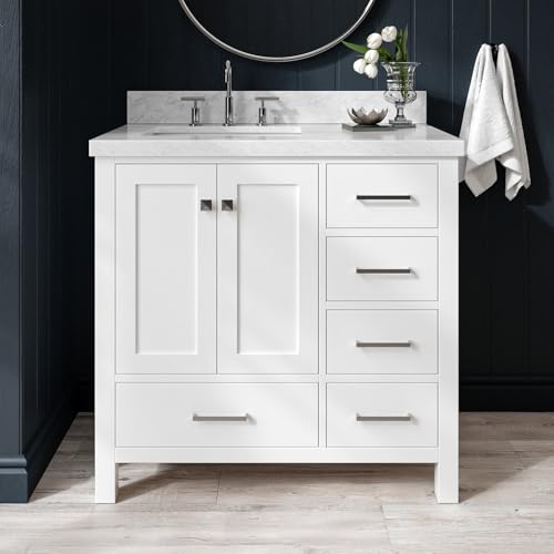 Image of ARIEL Cambridge 37 Inch White Bathroom Vanity with Sink, Solid Wood, Carrara Marble Countertop, 1.5- Inch Edge, Left Rectangular Undermount Sink, 2 Soft Closing Doors, 5 Drawers